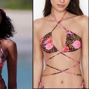 Victoria's Secret Leopard and Pink Floral Triangle Style Bikini Top